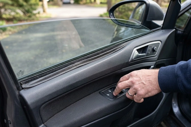 Car window grinding noise when rolling up — close-up of a power window regulator and motor inside a vehicle door
