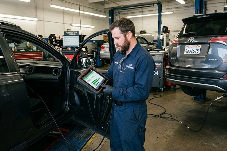Mechanic connecting OBD-II scanner to diagnose why a car won't pass emissions test