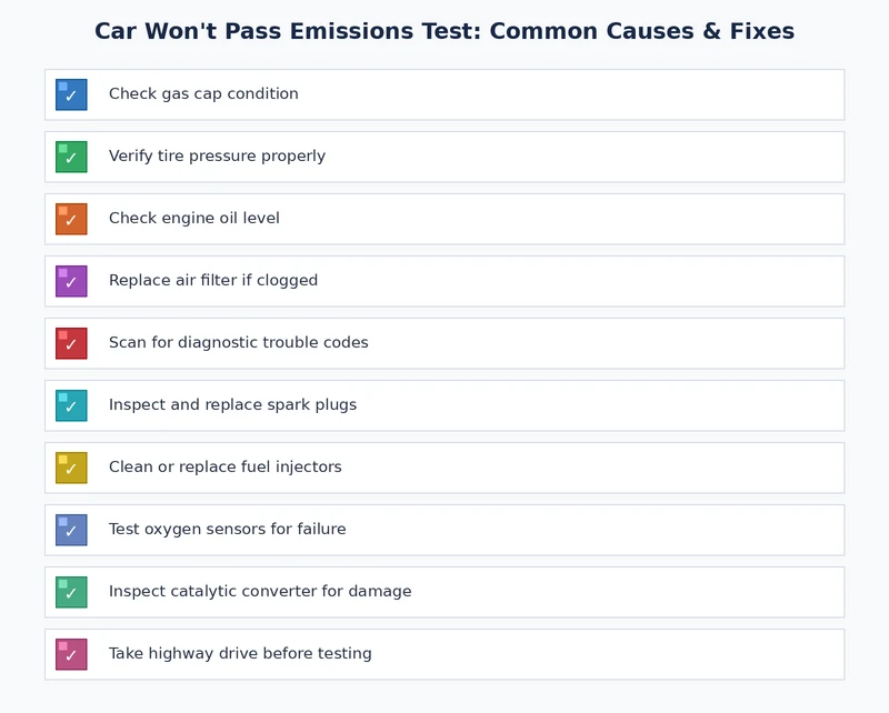 Pre-emissions test preparation checklist covering OBD-II monitor status, oil change, gas cap, and drive cycle steps