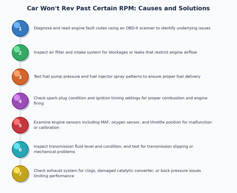 Step-by-step diagnostic process diagram for a car that won't rev past certain RPM