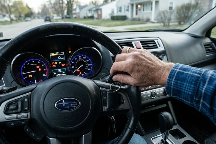 Driver's hand turning an ignition key to the off position inside a car, with the key visibly stuck or the engine still running with dashboard lights on after key removal.