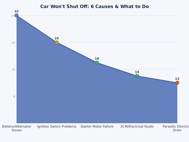 bar chart comparing frequency of the six most common causes behind a car that won't shut off