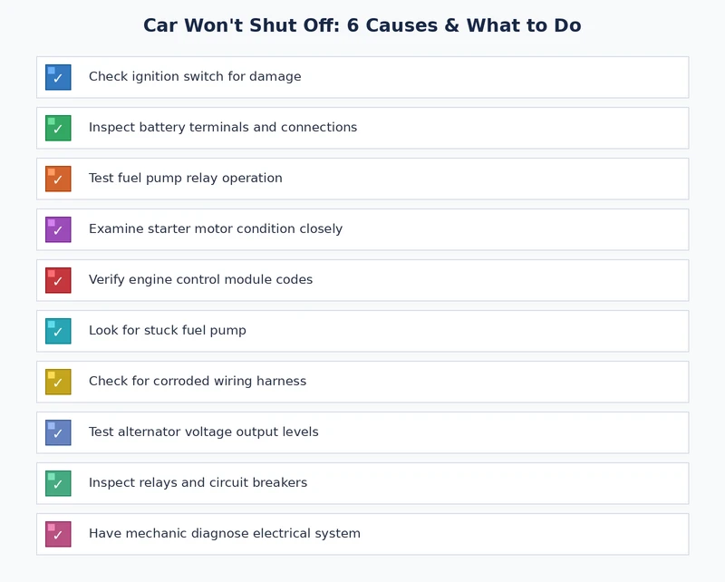 diagnostic checklist for a car that won't shut off covering relay swap, fuse pull, OBD scan, and harness inspection