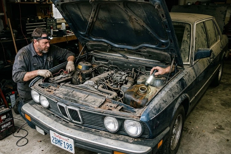 Mechanic checking battery terminals on a car that won't start after sitting