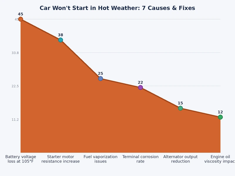 Bar chart comparing frequency of hot-weather no-start causes including battery, fuel pump, vapor lock, and sensor failure