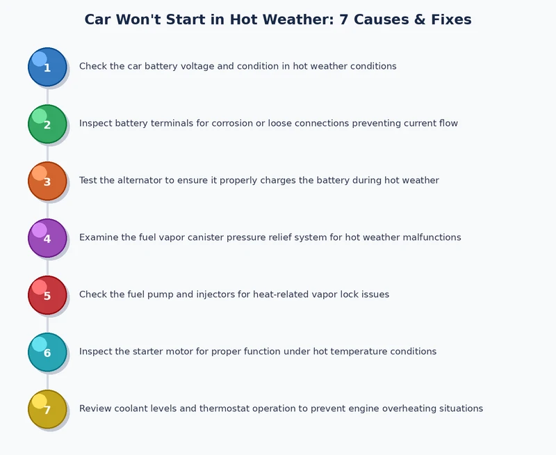Step-by-step process diagram for diagnosing a car that won't start in hot weather