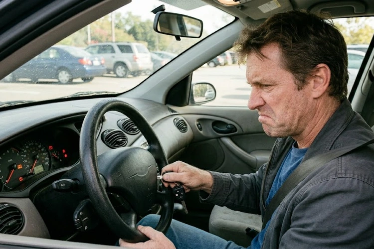 Car won't start no click — driver turning ignition key with no response from dashboard or engine