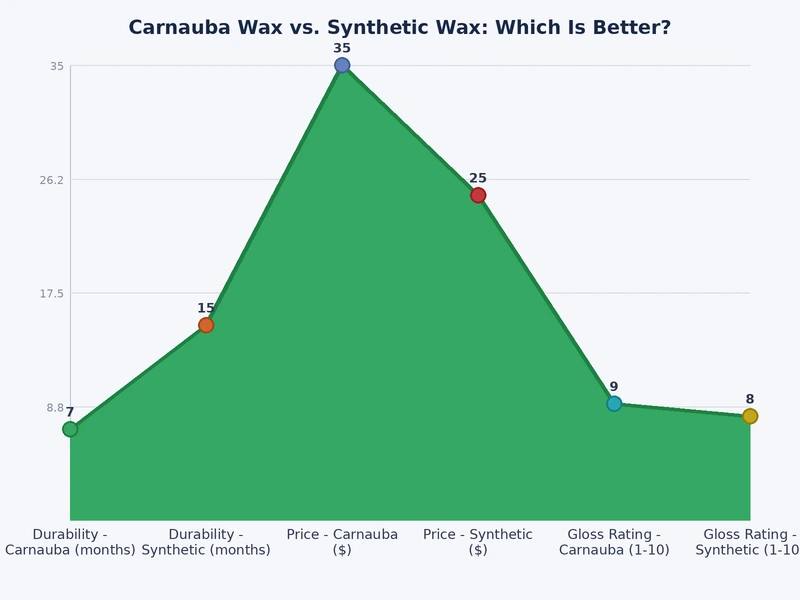 bar chart comparing carnauba wax vs synthetic wax across gloss depth, durability, UV protection, and ease of use