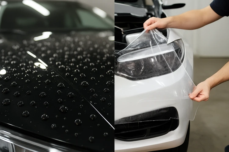 Ceramic coating vs paint protection film side by side comparison on a car hood