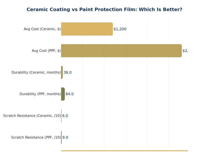Chart comparing ceramic coating vs paint protection film across cost, durability, and protection categories