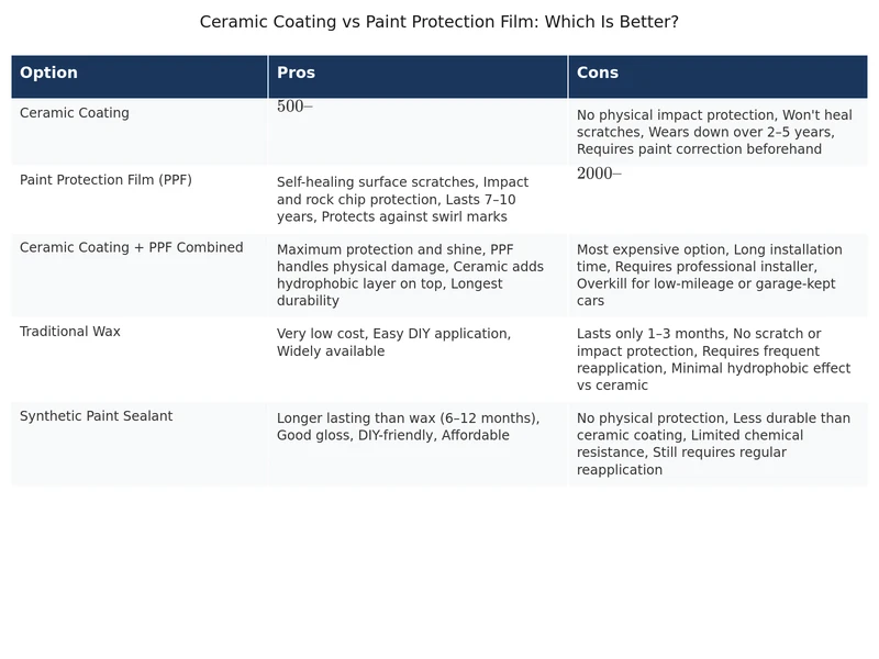 comparison table for Ceramic Coating vs Paint Protection Film: Which Is Better?