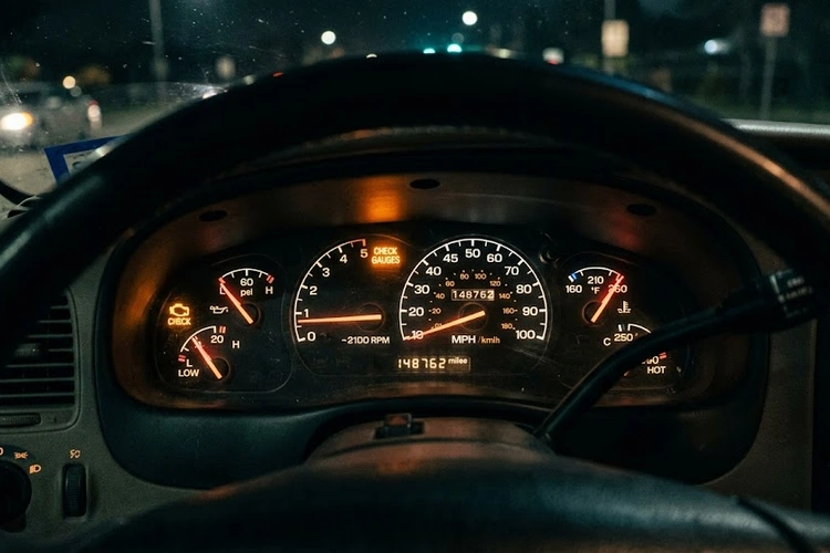 Check gauges light on dashboard warning indicator in a car instrument cluster