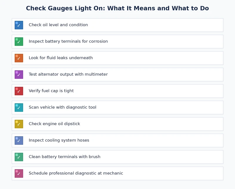 Check gauges light on response checklist showing oil pressure, temperature, and voltage inspection steps