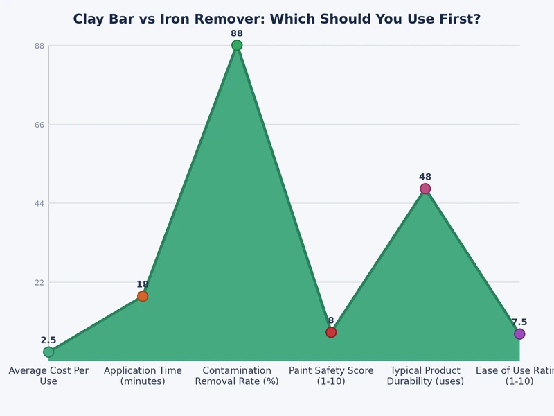 Bar chart comparing clay bar and iron remover effectiveness against different paint contaminant types including brake dust, overspray, and rail dust