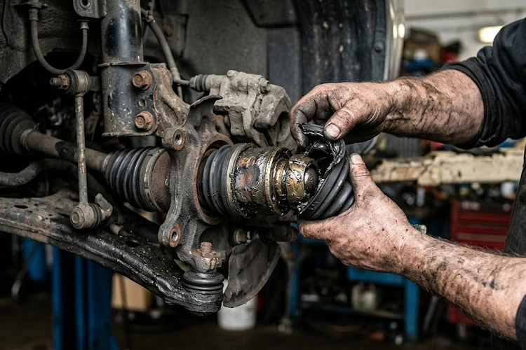 clicking noise when turning steering wheel — mechanic inspecting front CV axle and suspension