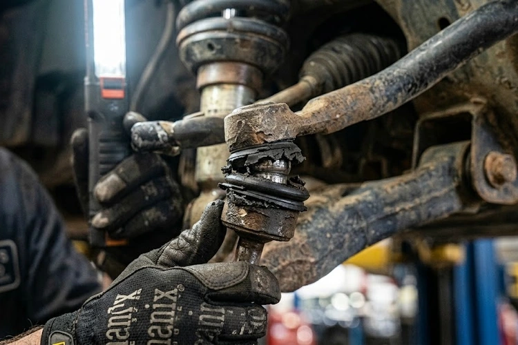 mechanic inspecting front suspension for clunking noise going over bumps