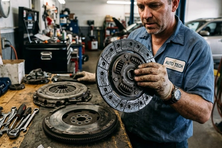 Worn and glazed clutch disc showing uneven friction surface — a leading cause of clutch chatter