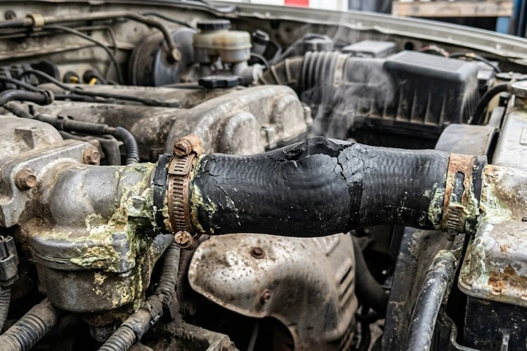 Under-hood view showing a cracked and bulging radiator hose with dried green coolant residue around a hose clamp connection, slight steam visible with the engine bay in background.