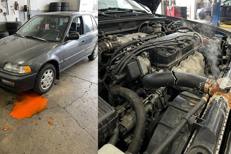 Coolant leak symptoms: bright green antifreeze puddle forming under a car engine bay