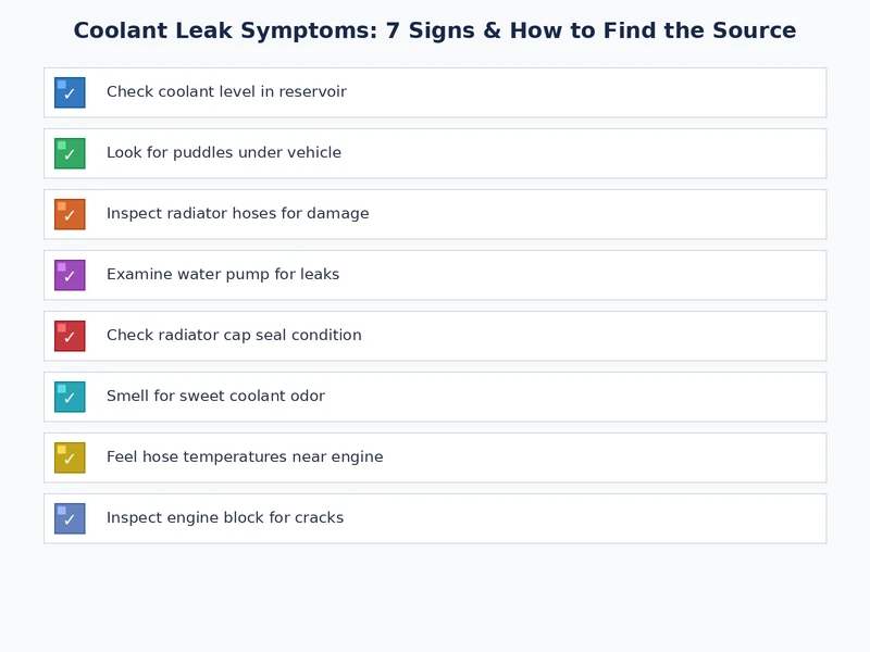 Coolant leak symptoms checklist covering visual signs, gauge warnings, and leak source locations