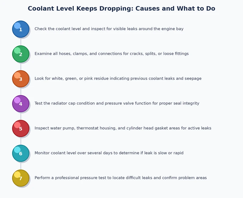 Process diagram showing step-by-step coolant leak diagnosis workflow