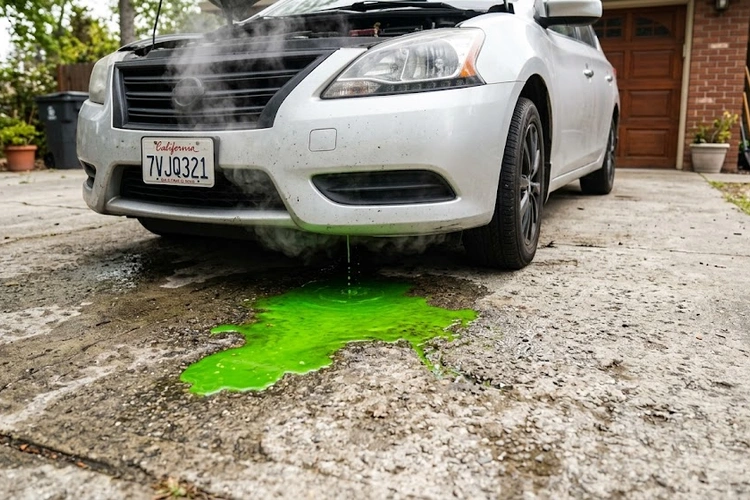 green coolant leaking under car forming a puddle on a garage floor