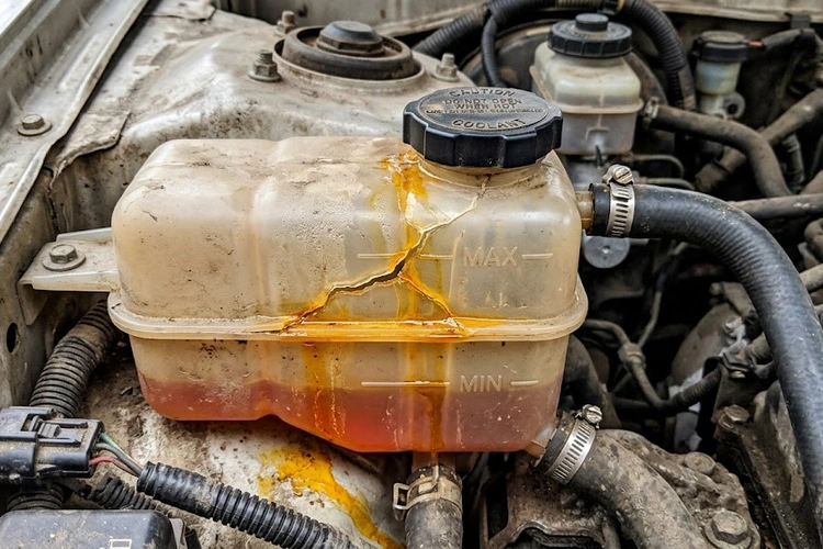 cracked coolant reservoir with dried coolant residue visible on the exterior surface