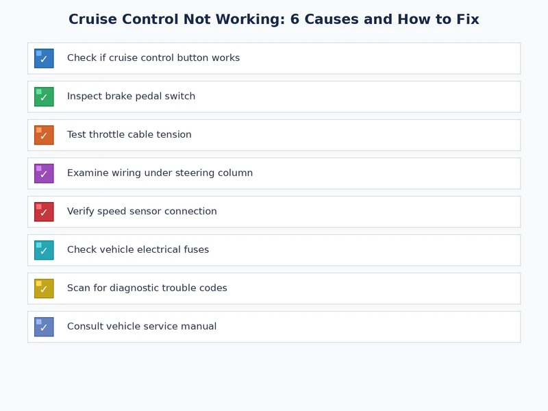 Cruise control diagnostic checklist covering fuse, brake switch, speed sensor, wiring, control switch, and ECU checks