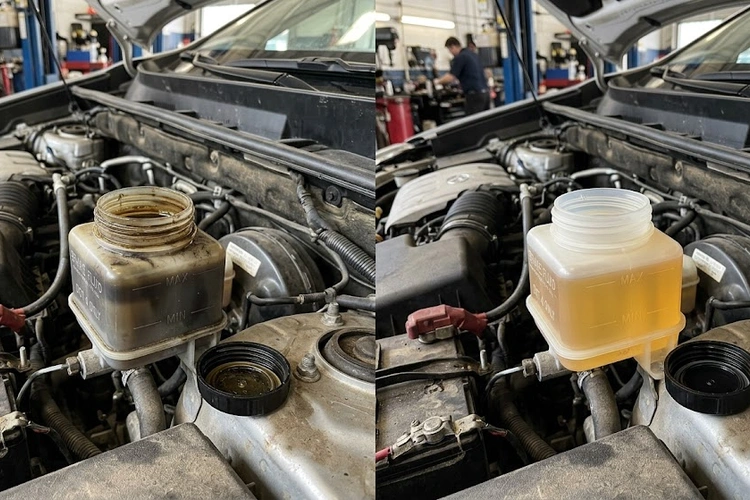 Dark brake fluid visible in a car brake fluid reservoir showing brown discoloration