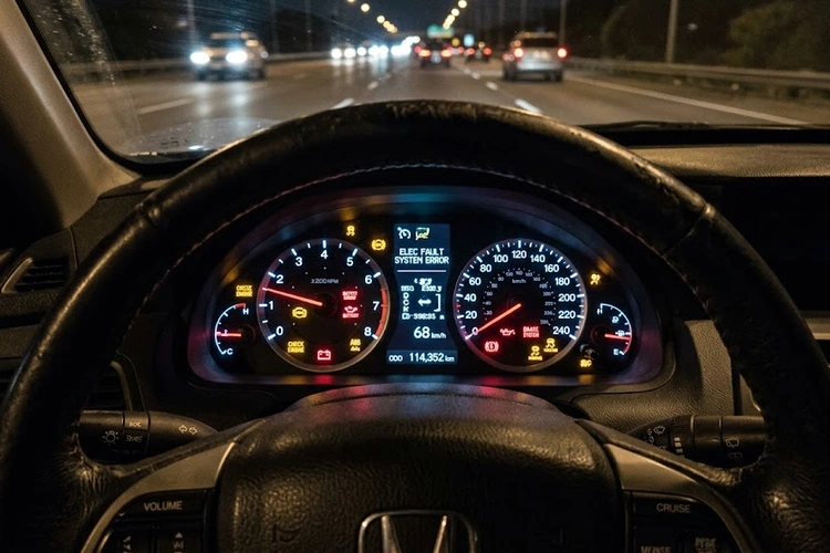 dashboard lights flickering across an instrument cluster in a dark vehicle interior