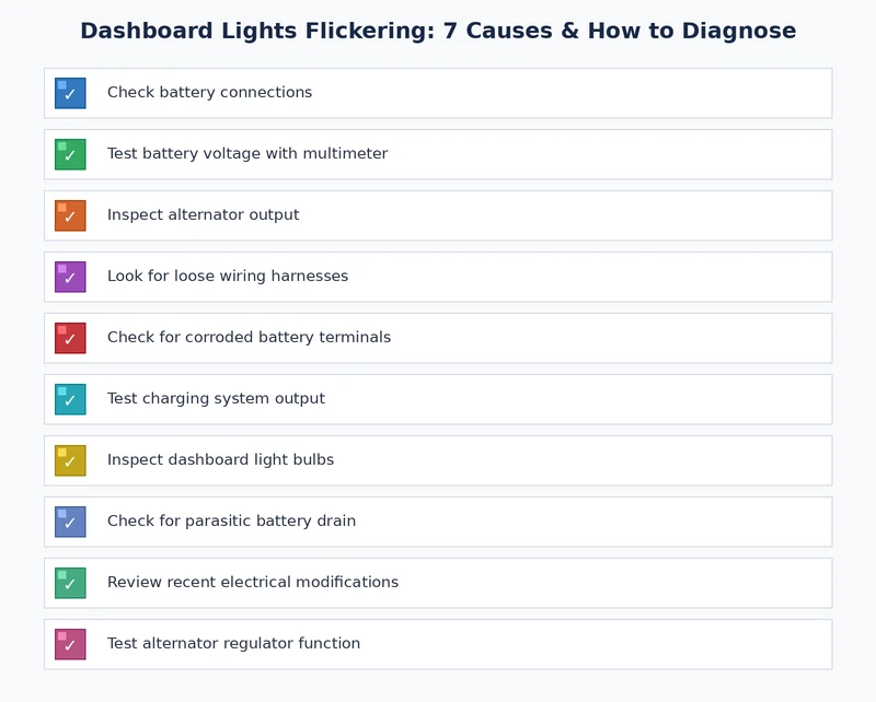 dashboard lights flickering diagnostic checklist covering battery terminals alternator output ground cable and wiring harness inspection steps