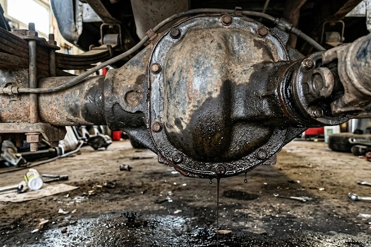 differential fluid leak symptoms visible as dark oily residue around rear axle housing seal