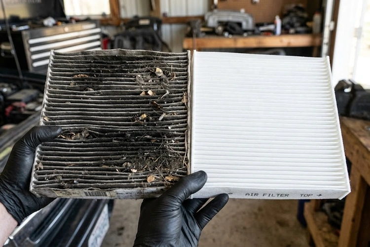 Dirty cabin air filter symptoms — heavily clogged filter removed from a vehicle dashboard housing
