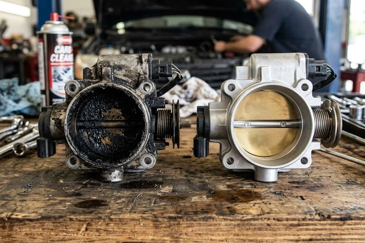 Carbon deposits coating the interior walls of a dirty throttle body