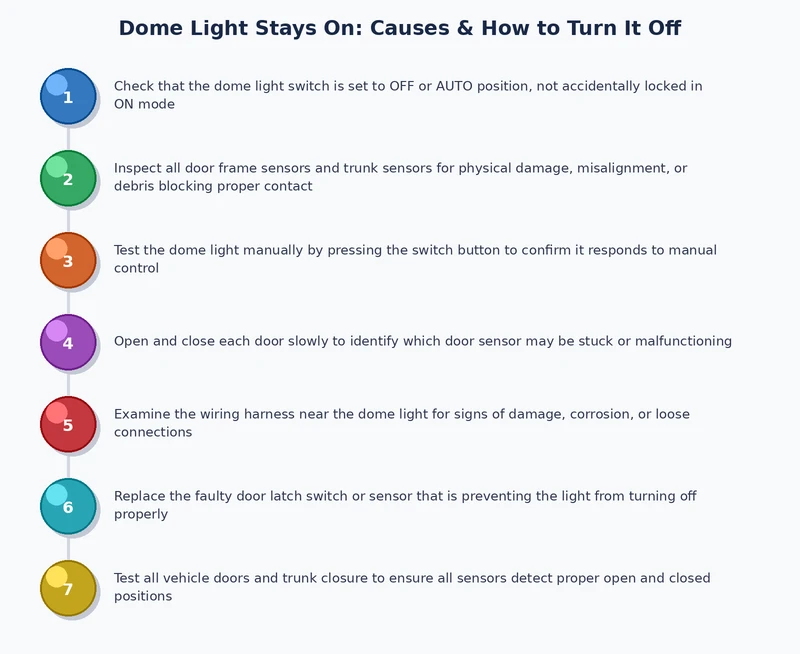 step-by-step process diagram for diagnosing a dome light that stays on