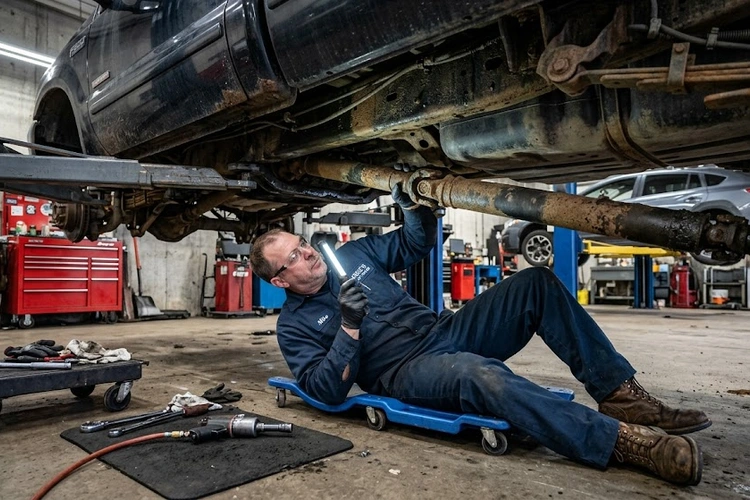 Driveshaft assembly showing U-joints and center support bearing — primary sources of driveshaft vibration symptoms