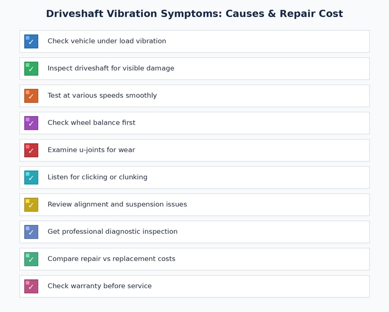 Driveshaft vibration diagnostic checklist showing inspection steps, warning signs, and when to call a shop