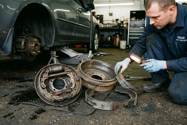 Drum brake assembly showing brake shoes, springs, adjuster, and drum with noise sources highlighted