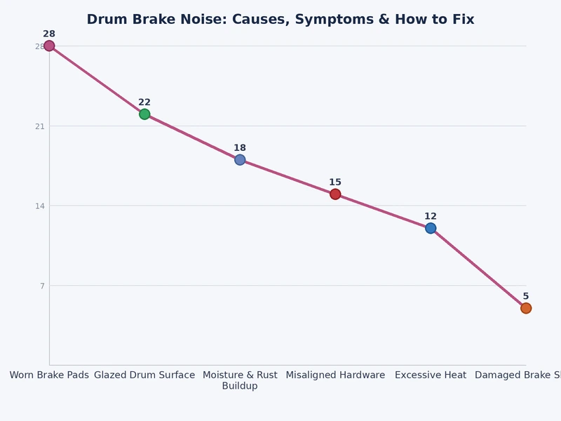 Bar chart showing relative frequency of drum brake noise causes including worn shoes, glazing, contamination, and seized hardware