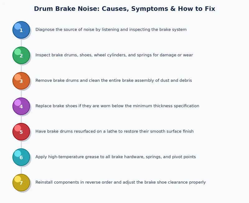 Step-by-step drum brake noise diagnosis flowchart routing from noise type to root cause and urgency level