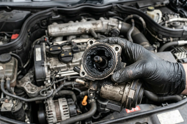 EGR valve symptoms including rough idle, black smoke, and check engine light on a car dashboard