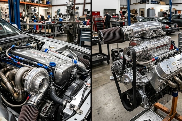 Mechanic inspecting engine block components for engine knocking noise source