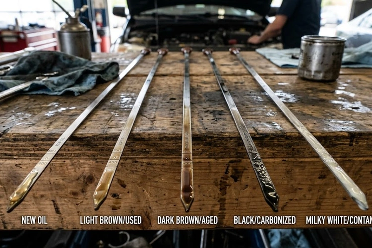 Engine oil color meaning shown on a dipstick — amber, brown, and black oil comparison