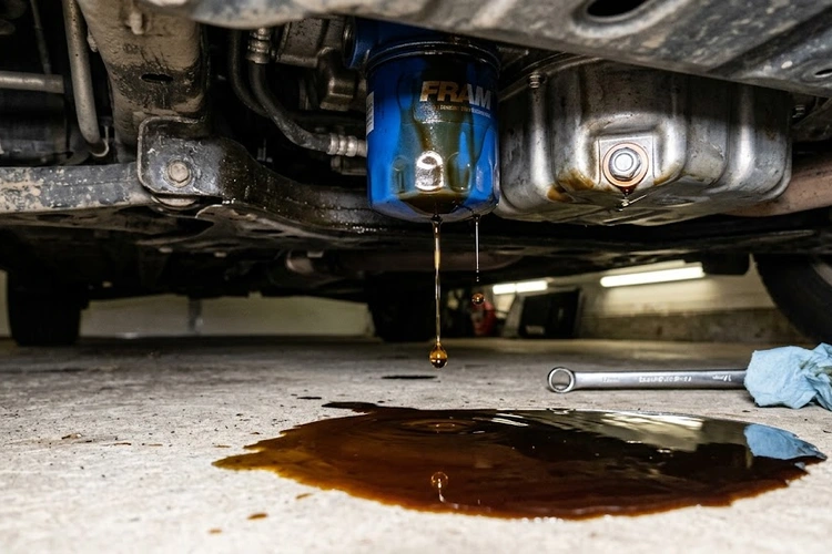 Oil leak after oil change visible as dark puddle beneath engine drain plug area