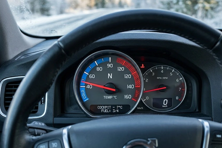 Temperature gauge stuck near cold mark indicating engine running cold problem