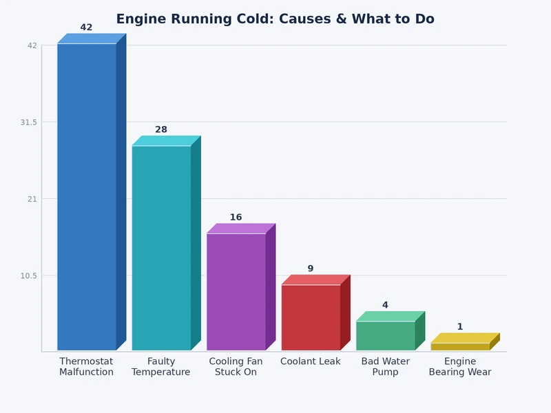 Bar chart comparing frequency of causes behind engine running cold including thermostat, CTS, and air pockets