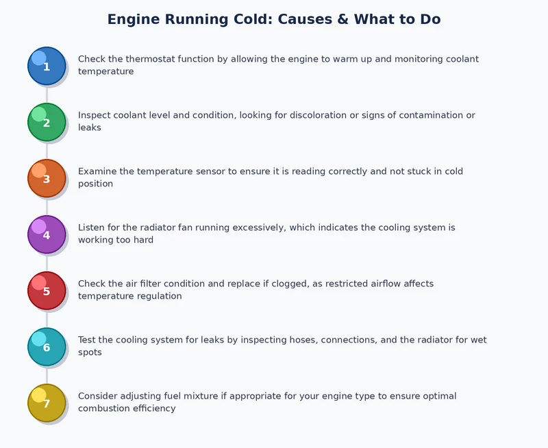 Step-by-step process diagram for diagnosing an engine running cold from gauge check to thermostat replacement