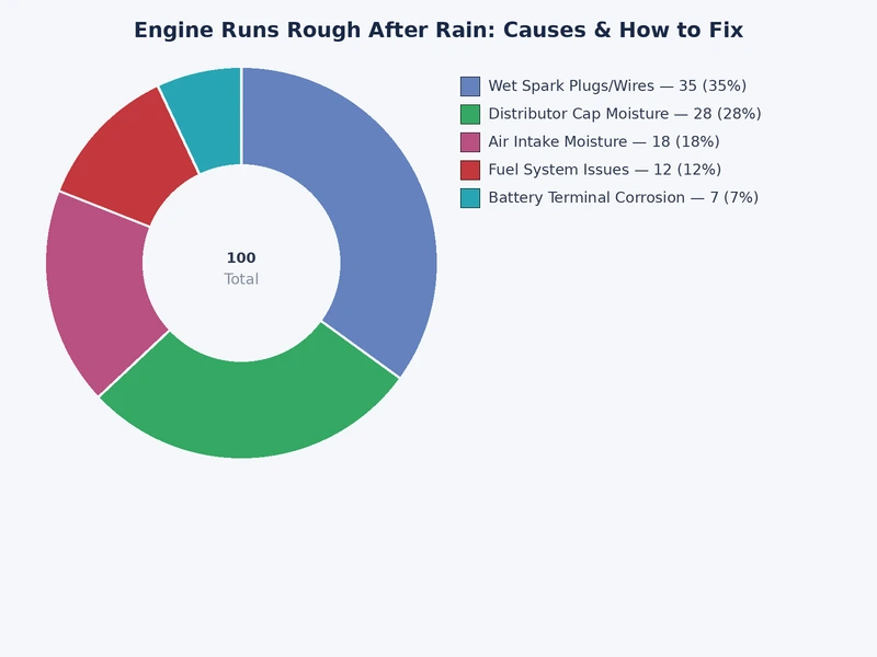 Bar chart showing frequency of causes when engine runs rough after rain — ignition leads all others
