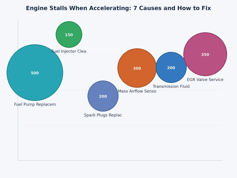 Bar chart showing relative frequency of the seven causes of engine stalls when accelerating including MAF sensor, fuel pump, TPS, vacuum leak, and CKP sensor