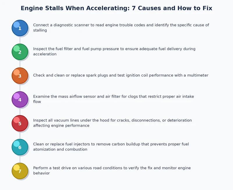 Diagnostic flowchart for engine stalls when accelerating showing decision path from OBD scan through fuel pressure test to component replacement